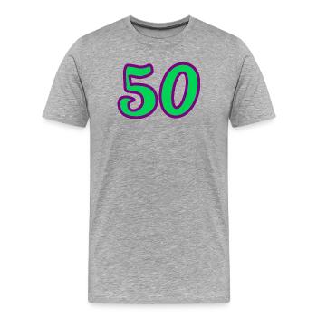 50. 50 ANS. 50e ANNIVERSAIRE. ANNIVERSAIRE 50 ANS. - T-shirt bio Premium Homme - gris chiné - Devant - Damien (186cm)