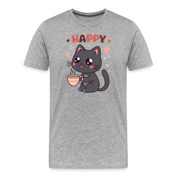 Glückliche und süße Kaffeekatze - Männer Premium Bio T-Shirt - Grau meliert - Vorne - Damien (186cm)