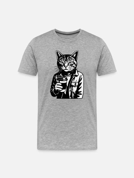 Katzenbarista mit ToGo Kaffee - Männer Premium Bio T-Shirt - Grau meliert