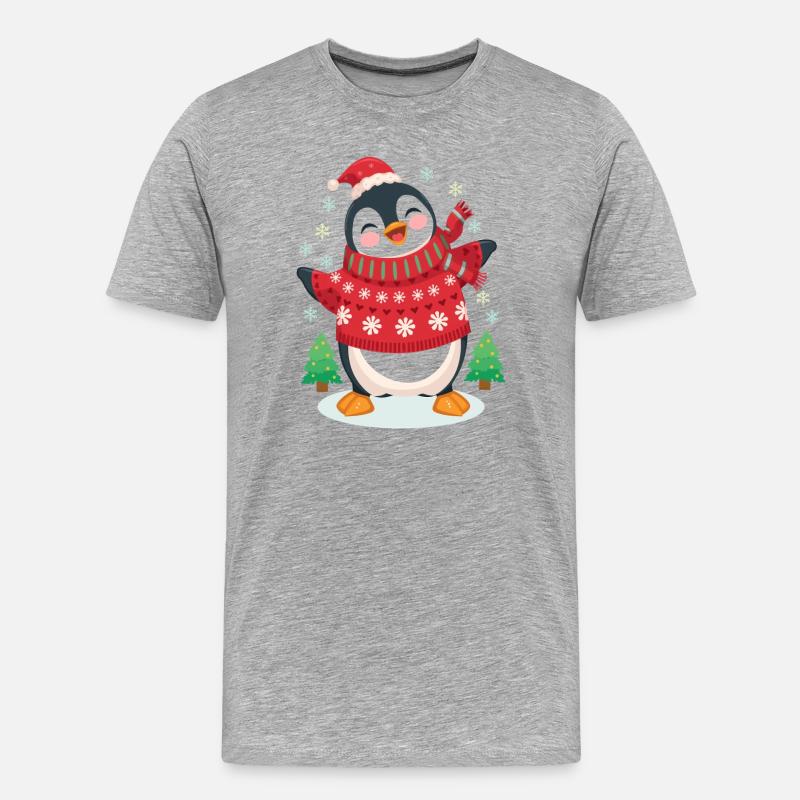 Festlicher Pinguin in rotem Strick - Männer Premium Bio T-Shirt - Grau meliert