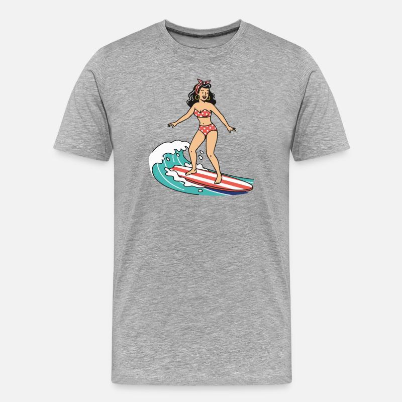 Pin-up-Mädchen auf dem Surfbrett - Männer Premium Bio T-Shirt - Grau meliert