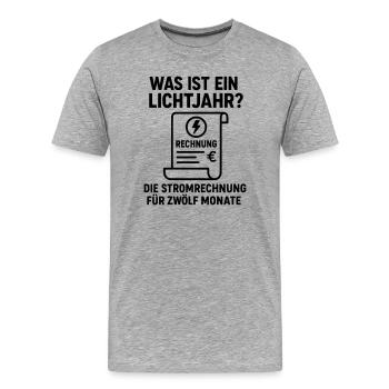 Blague sur la facture d’électricité sur l’année lumière - T-shirt bio Premium Homme - gris chiné - Devant - Damien (186cm)