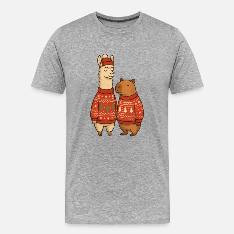 Lama und Cabibara Weihnachtspullover Duo - Männer Premium Bio T-Shirt - Grau meliert