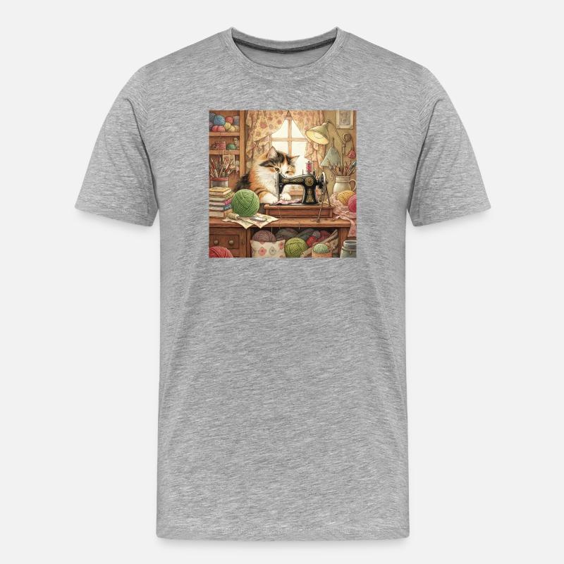 Cat Studio Sewing Machine Cuddling - Men's Premium Organic T-Shirt - heather grey
