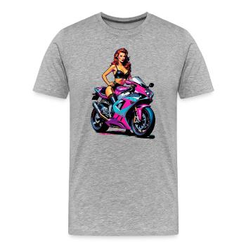 Pin-up sur une moto de course - T-shirt bio Premium Homme - gris chiné - Devant - Damien (186cm)