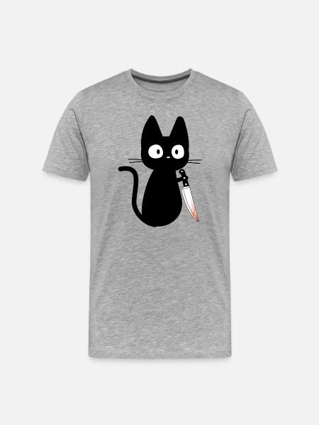 Katze mit Messer Humor Geschenkidee - Männer Premium Bio T-Shirt - Grau meliert