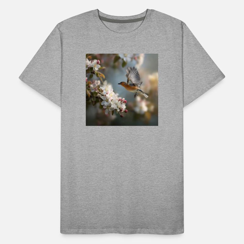 Moineau du printemps en vol de fleurs T-shirt bio Premium Homme