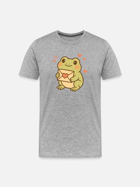Kawaii-frø med hjertebrev – Sød frøkunst - Herre Premium T-shirt økologisk - grå meleret