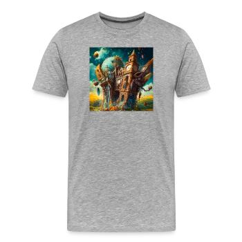Surrealer Uhrturm und Globus - Männer Premium Bio T-Shirt - Grau meliert - Vorne - Damien (186cm)