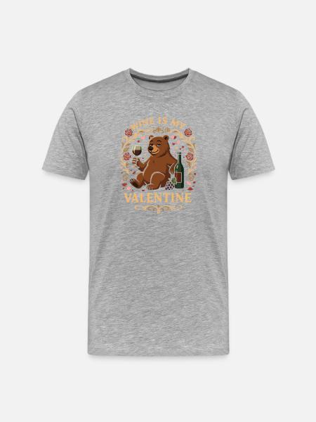 Wine Is My Valentine Bear - Männer Premium Bio T-Shirt - Grau meliert