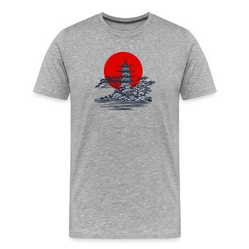 Pagode Silhouette mit roter Sonne Szene - Männer Premium Bio T-Shirt - Grau meliert - Vorne - Damien (186cm)