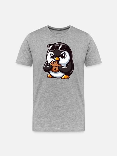 funny penguin eats cookie and is - Men's Premium Organic T-Shirt - heather grey