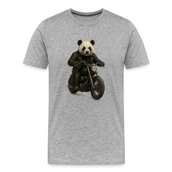 Leather Panda Biker on Motorcycle - Men's Premium Organic T-Shirt - heather grey - Front - Damien (186cm)