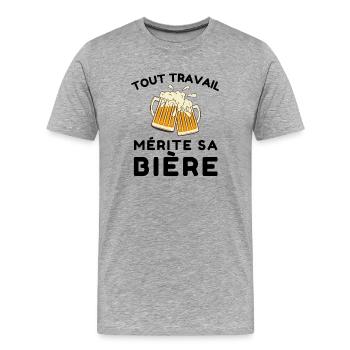 Tout travail mérite sa bière - T-shirt bio Premium Homme - gris chiné - Devant - Damien (186cm)