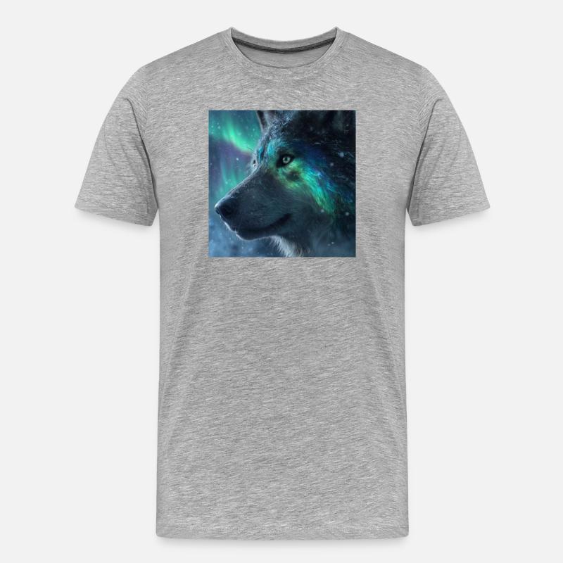Majestätischer Wolf vor Polarlichtern - Männer Premium Bio T-Shirt - Grau meliert