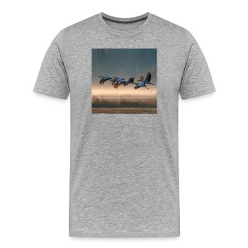 Gray Cranes Morning Mist Migratory Birds Golden Light - Men's Premium Organic T-Shirt - heather grey - Front - Damien (186cm)