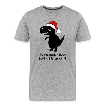 T-Rex Noël: Crise Humoristique - T-shirt bio Premium Homme - gris chiné - Devant - Damien (186cm)