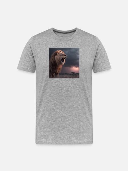 Löwe im Sturm – Dramatischer Roaring King - Männer Premium Bio T-Shirt - Grau meliert
