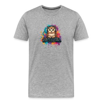 Eule am DJ Mischpult - Männer Premium Bio T-Shirt - Grau meliert - Vorne - Damien (186cm)