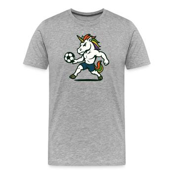 La mascotte de la licorne de football se prépare à donner un coup de pied - T-shirt bio Premium Homme - gris chiné - Devant - Damien (186cm)