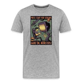 Spiel an, Monster: Gruseliges Gamer-Design - Männer Premium Bio T-Shirt - Grau meliert - Vorne - Damien (186cm)