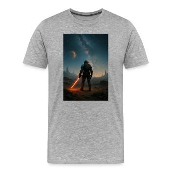Astronaute avec un sabre laser rouge sur un monde extraterrestre - T-shirt bio Premium Homme - gris chiné - Devant - Damien (186cm)