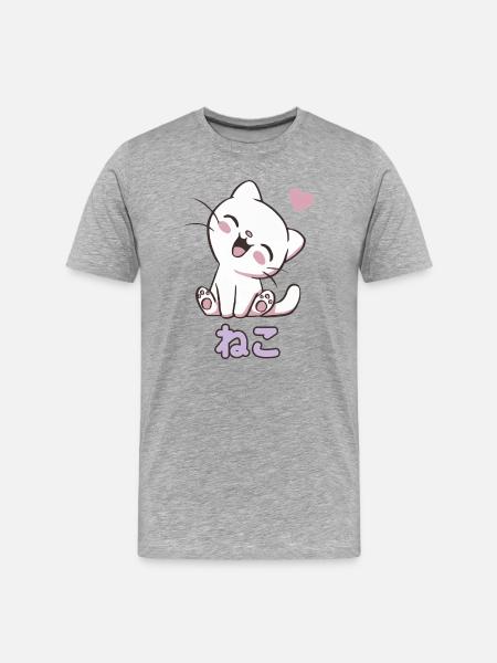 Neko Kuschelkatze Herzchen - Männer Premium Bio T-Shirt - Grau meliert