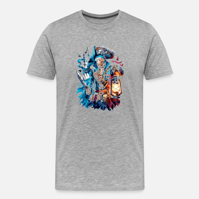 Skelettpirat im Laternenlicht - Männer Premium Bio T-Shirt - Grau meliert