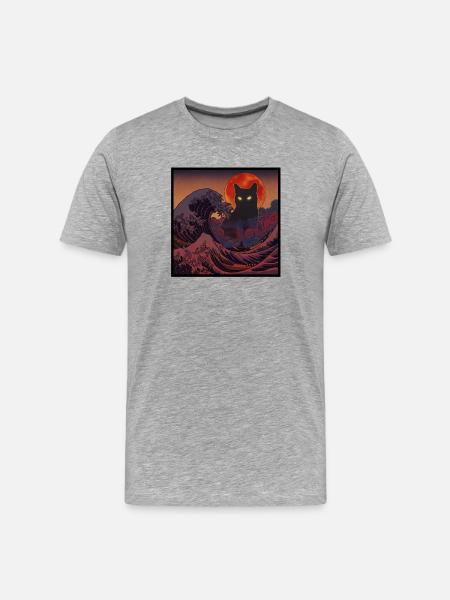 Mystic Black Cat Japanese Wave Night - Men's Premium Organic T-Shirt - heather grey