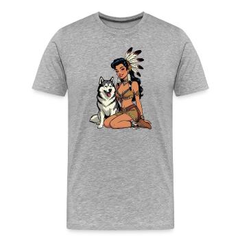 Indische Frau mit Husky-Hund - Männer Premium Bio T-Shirt - Grau meliert - Vorne - Damien (186cm)