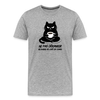 Chat noir recharge de café en cours - T-shirt bio Premium Homme - gris chiné - Devant - Damien (186cm)