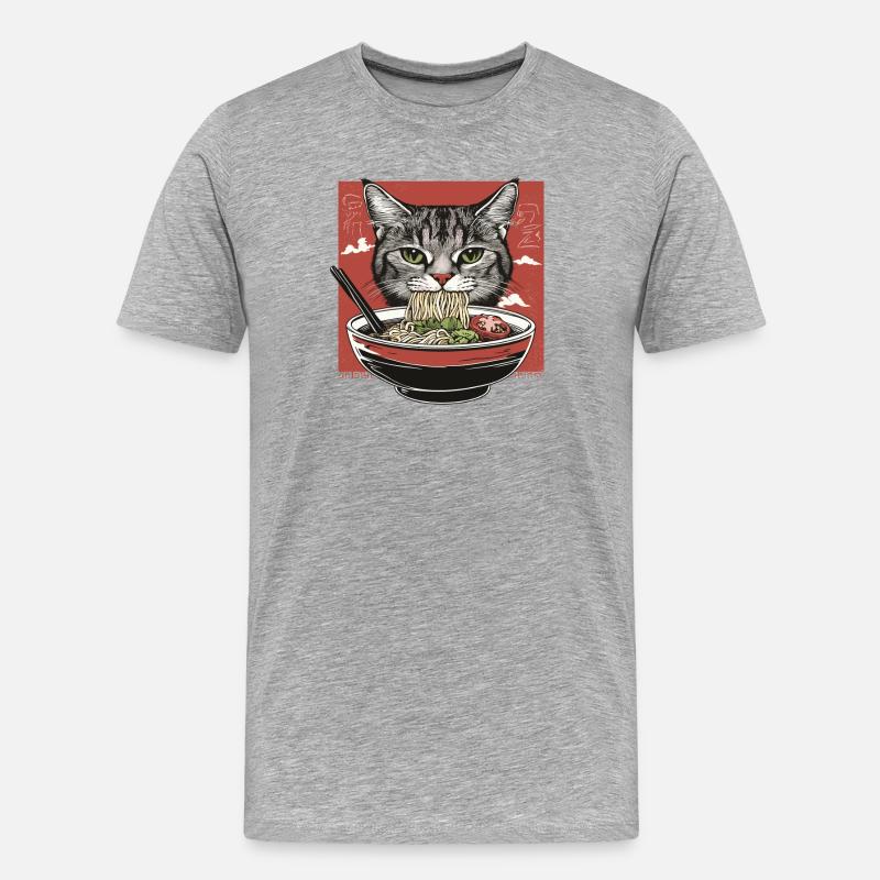 Katze mit Ramen - Männer Premium Bio T-Shirt - Grau meliert