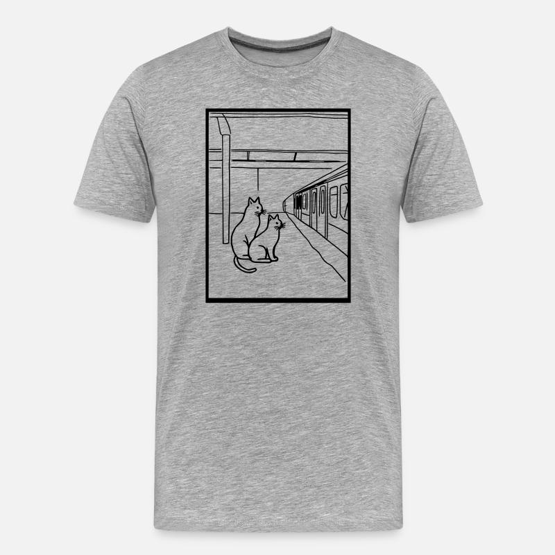 katzen bahnhof warten Line Art - Männer Premium Bio T-Shirt - Grau meliert