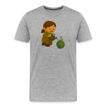 Petit écologiste qui verse le globe - T-shirt bio Premium Homme - gris chiné - Devant - Damien (186cm)