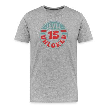 Level 15 Unlocked – Cooles Design für Zocker - Männer Premium Bio T-Shirt - Grau meliert - Vorne - Damien (186cm)