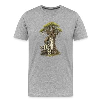 Poème de la cabane dans l’arbre : Un vieil homme s’accroupit devant un arbre - T-shirt bio Premium Homme - gris chiné - Devant - Damien (186cm)