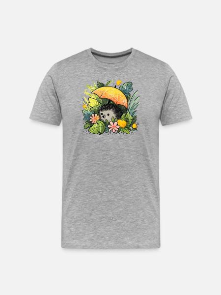 Igel mit Orangenregenschirm im Dschungel - Männer Premium Bio T-Shirt - Grau meliert