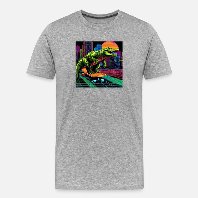 Pixel Art Crocodile – Retro Skater Synthwave - Men's Premium Organic T-Shirt - heather grey