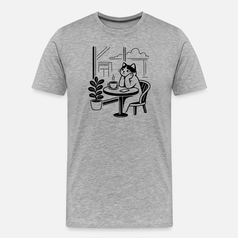 Nachdenkliche Katze Café - Männer Premium Bio T-Shirt - Grau meliert
