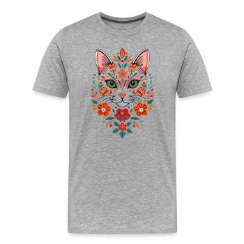 Blütenkatzenkopf Folk Art Muster - Männer Premium Bio T-Shirt - Grau meliert - Vorne - Damien (186cm)