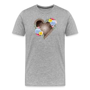 Herzförmiges Vogelnest mit Frühlingsblüten - Männer Premium Bio T-Shirt - Grau meliert - Vorne - Damien (186cm)