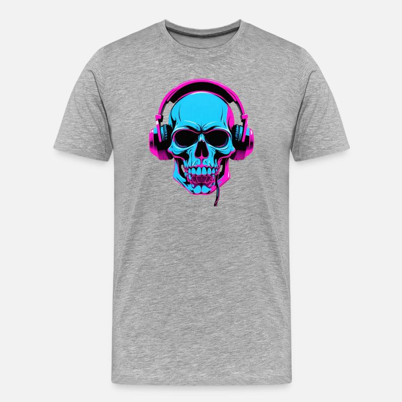 Neon Skull mit Kopfhörern - Männer Premium Bio T-Shirt - Grau meliert