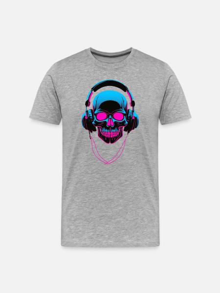 Neon Skull mit Kopfhörern - Männer Premium Bio T-Shirt - Grau meliert