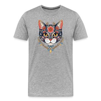floraler Katzenkopf Kunstdesign - Männer Premium Bio T-Shirt - Grau meliert - Vorne - Damien (186cm)