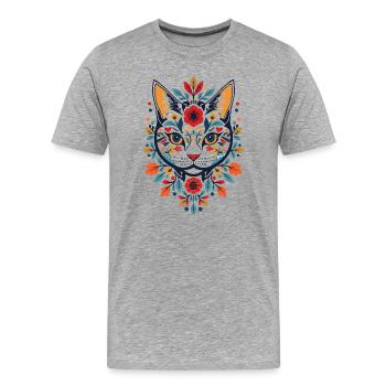 Blumenkatze im Folk-Art Stil - Männer Premium Bio T-Shirt - Grau meliert - Vorne - Damien (186cm)