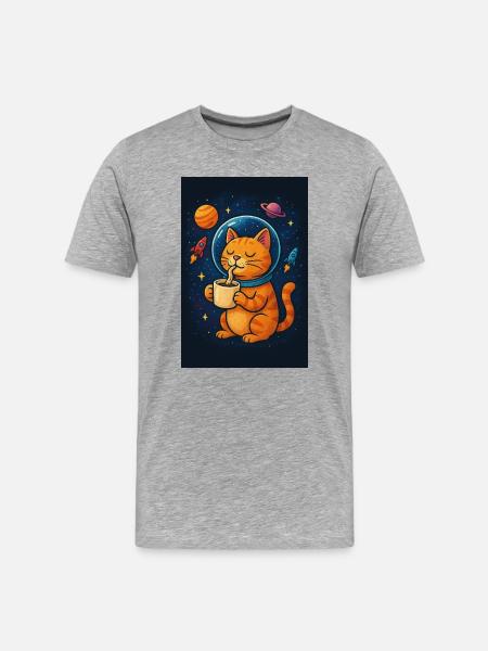 Cat in spacesuit drinking coffee - Men's Premium Organic T-Shirt - heather grey