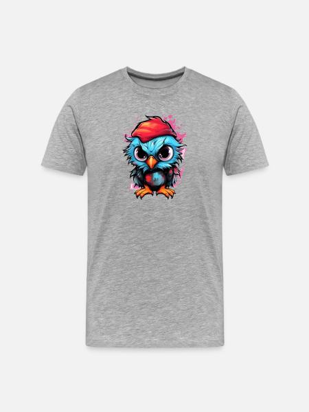 Bunte Eulen-Pop mit rotem Hut - Männer Premium Bio T-Shirt - Grau meliert