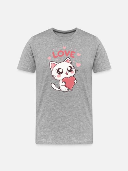 Chat mignon cœur Love kawaii - T-shirt bio Premium Homme - gris chiné