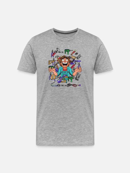 Cheerful craftsman in tool chaos - Men's Premium Organic T-Shirt - heather grey