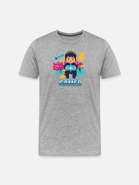 Gamer Kid avec manette et écouteurs - T-shirt bio Premium Homme - gris chiné
